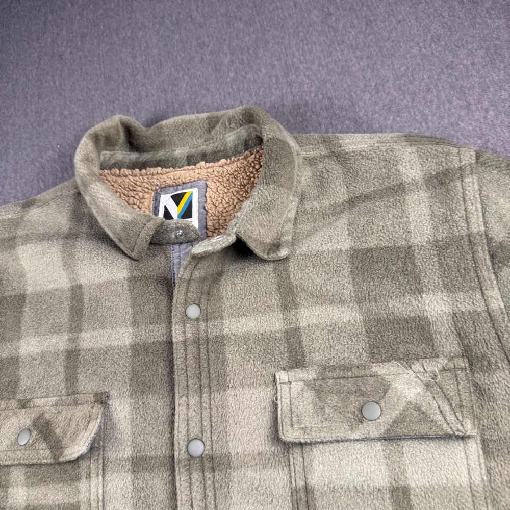 Voyager Mens Sherpa Lined Fleece Plaid‎ Shirt Jacket Olive Green Grey Snap Front